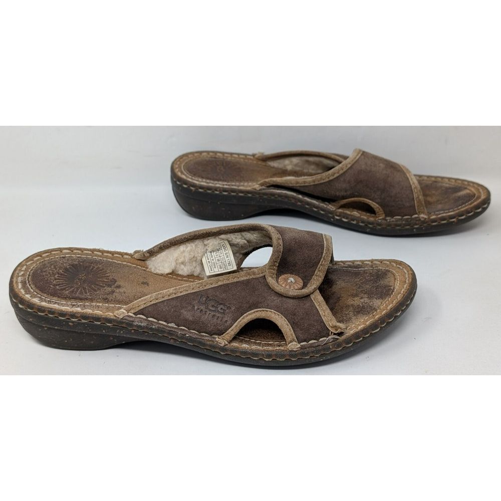 UGG Brown Suede Shearling Lined Slide Sandals
